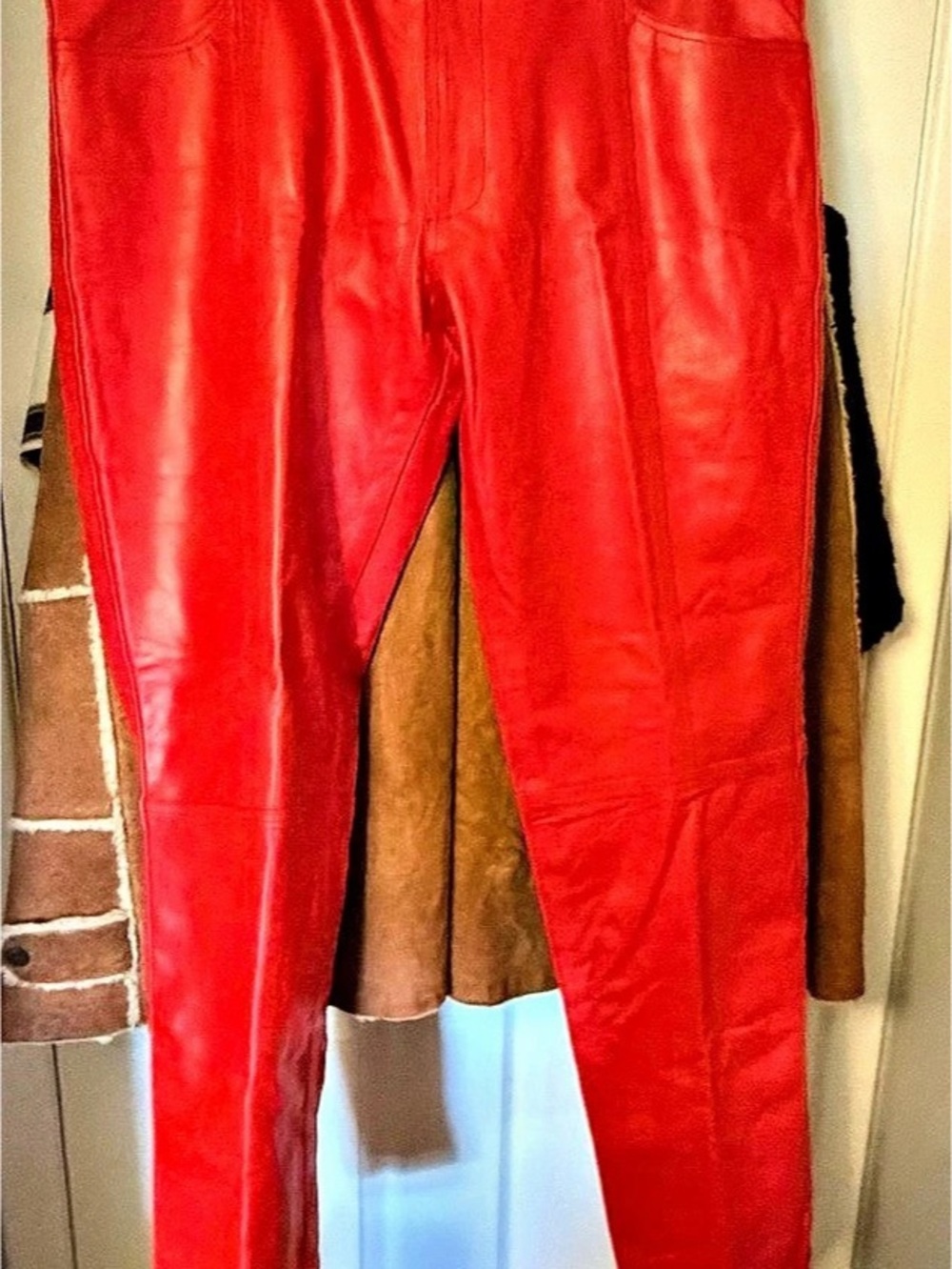 Red men’s/Unisex 100% leather straight leg 5 pocket Pants